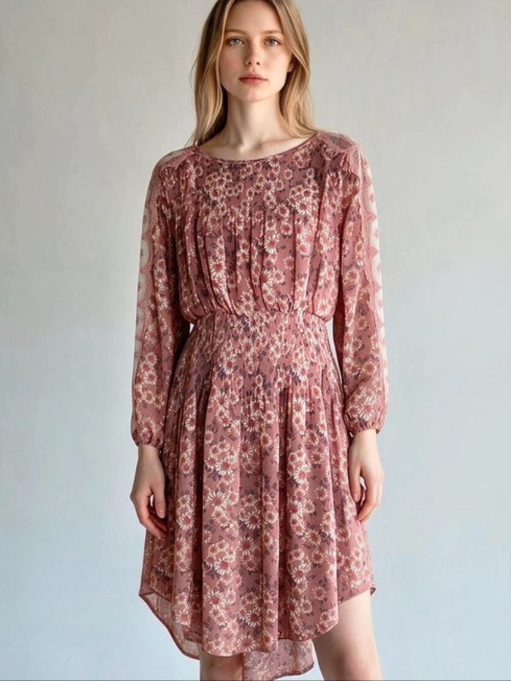 Free People Floral Mini Dress in Pink Boho Smocked Lace Lined Whimsigoth Sz L